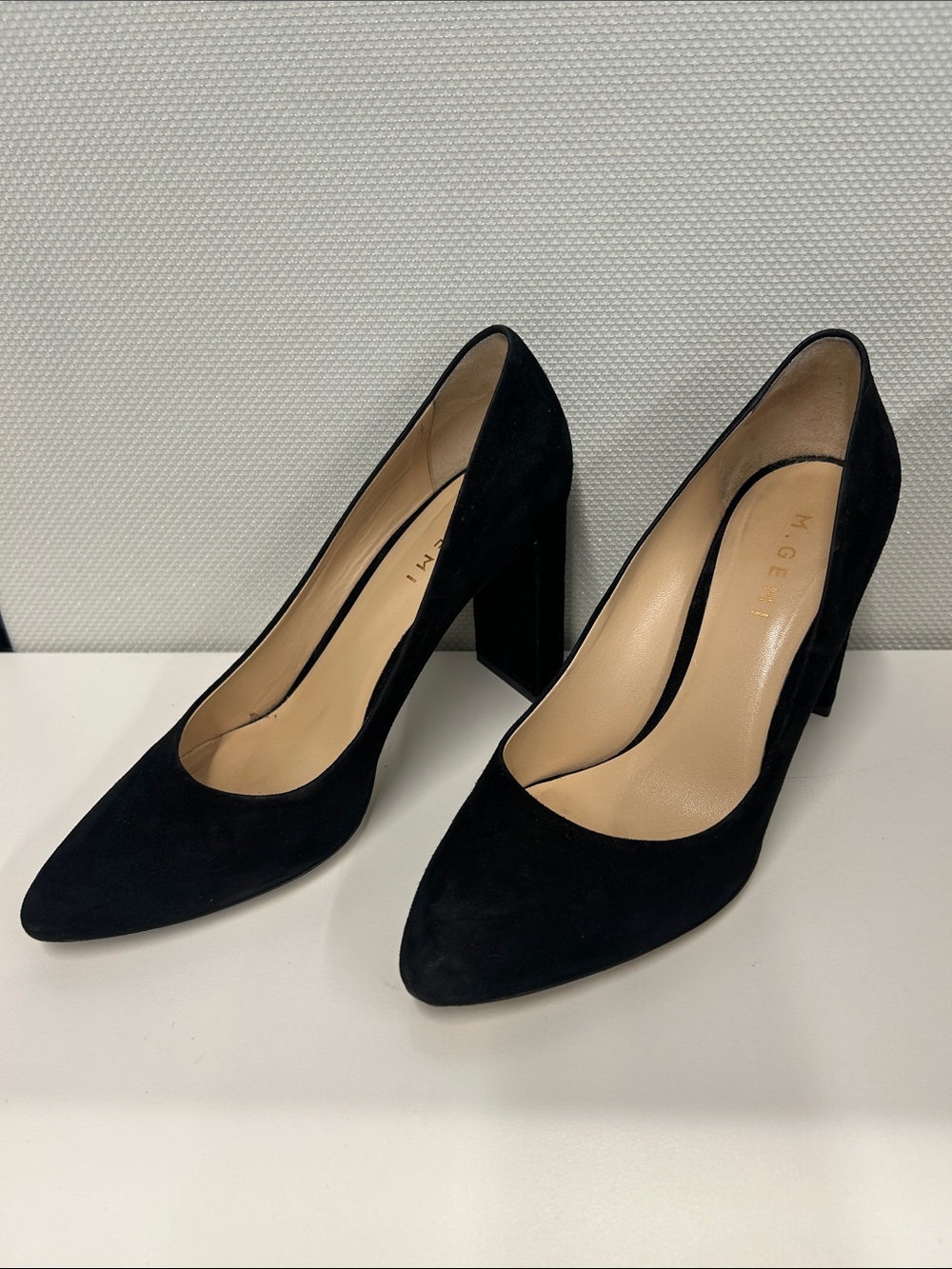 M. Gemi Black Suede Pointed Block Heel Pumps